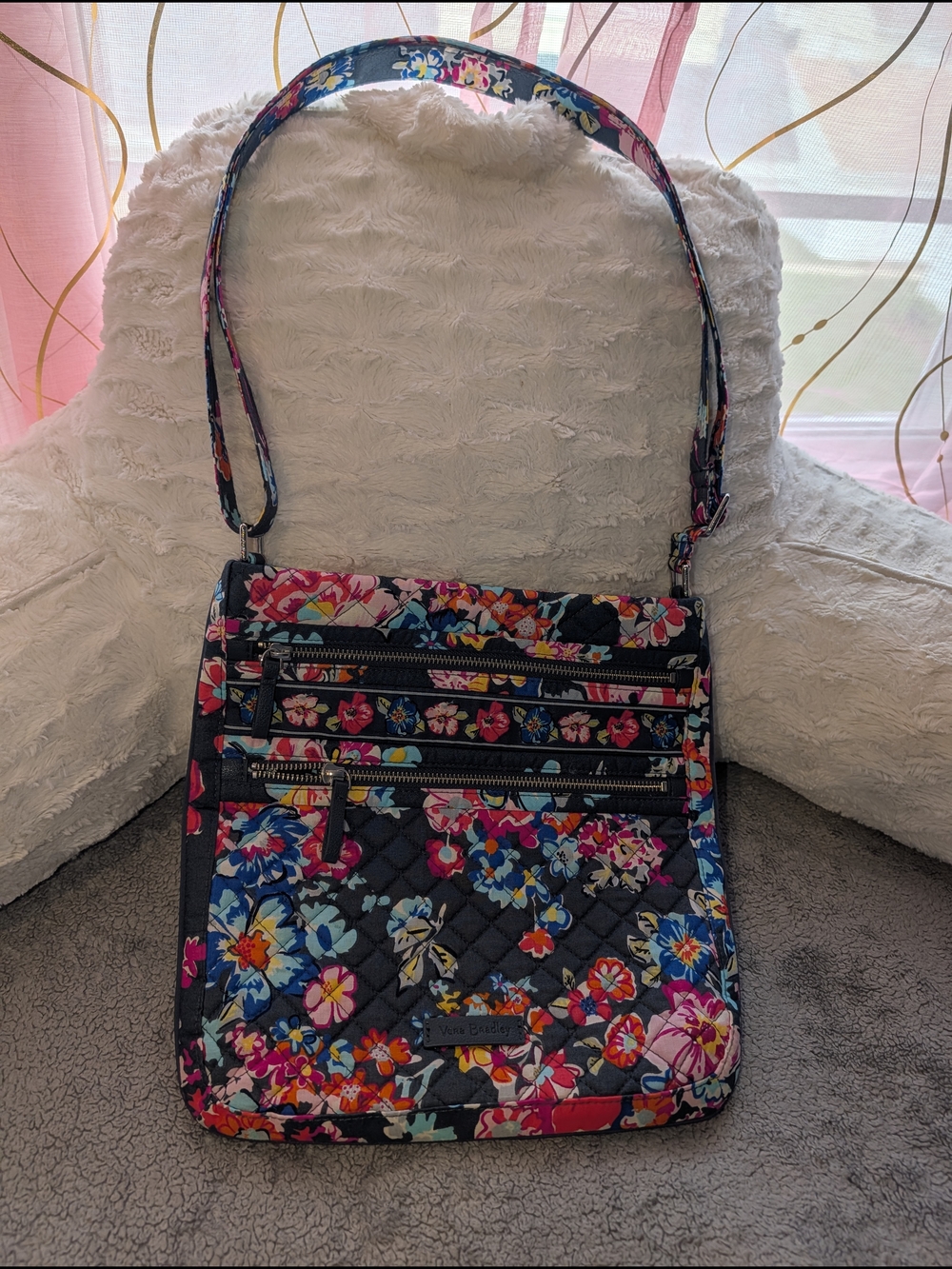 Vera Bradley Quilted Black Floral Crossbody with Multicolor Blooms